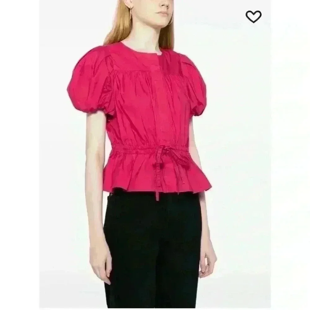 Ulla Johnson Peplum Hem Tie Magenta Puff Sleeves Cotton Blouse Size 00/0/2.